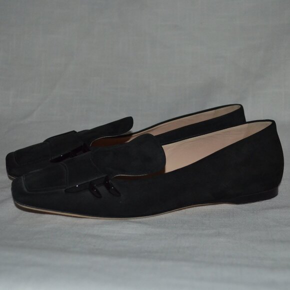 $890 Sz 37 6.5 Fendi Black Suede Square Toe Moccasin Flats - Picture 1 of 9